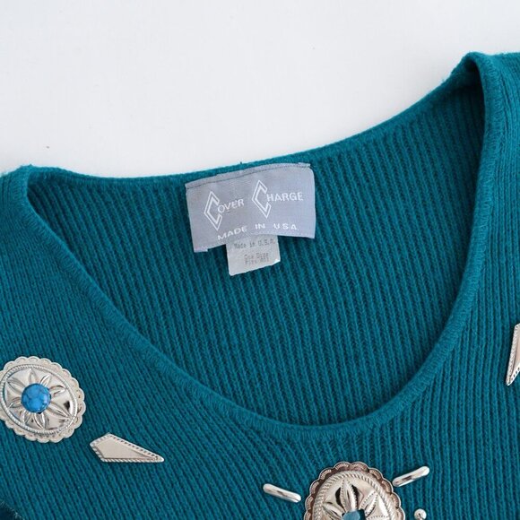 Vintage Cover Charge Teal Western Fringe Cowgirl Long Sleeve Shirt L - Picture 11 of 13